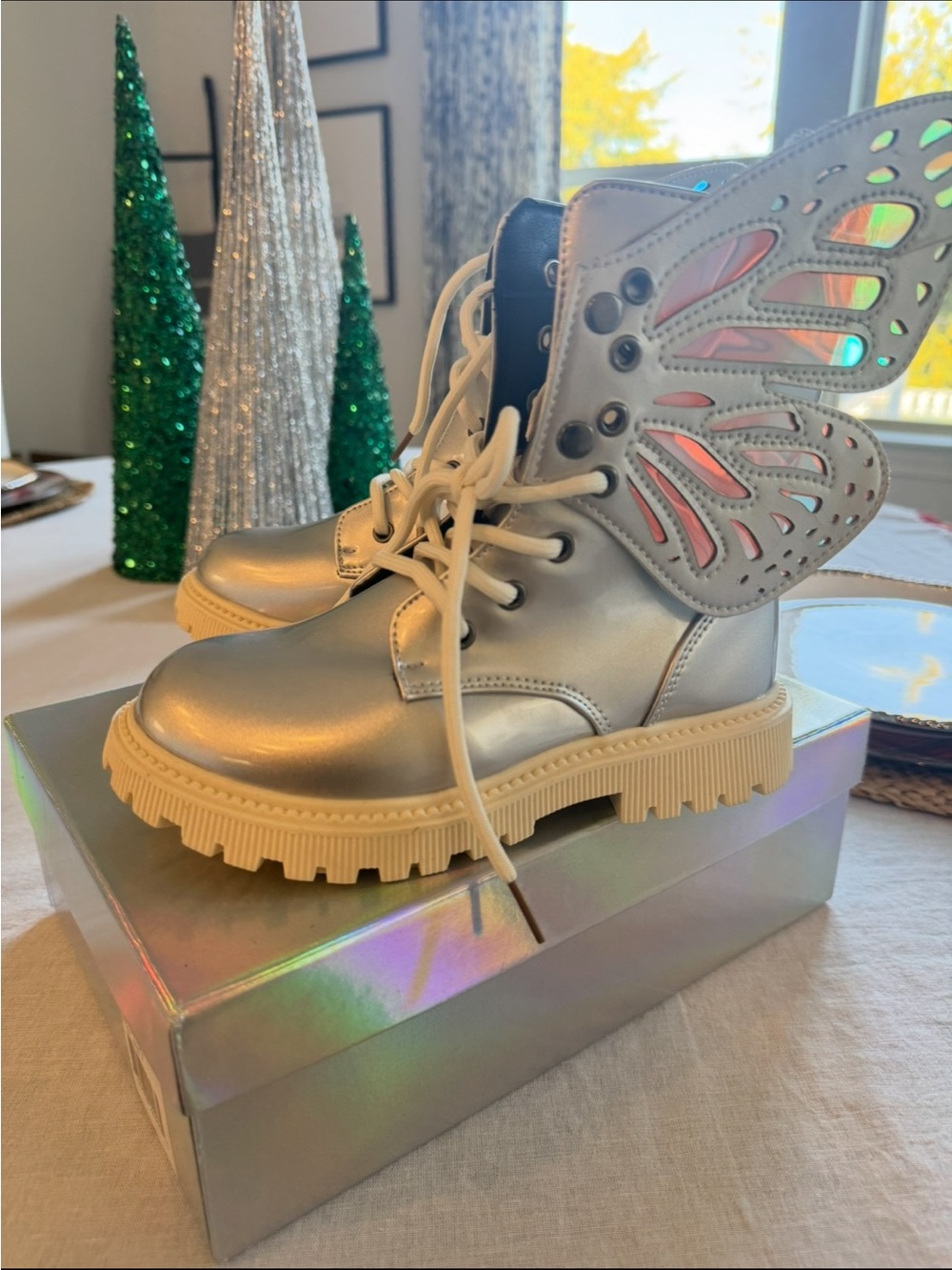 Lola + The Boys Silver Metallic Butterfly Wing Lace-Up Boots